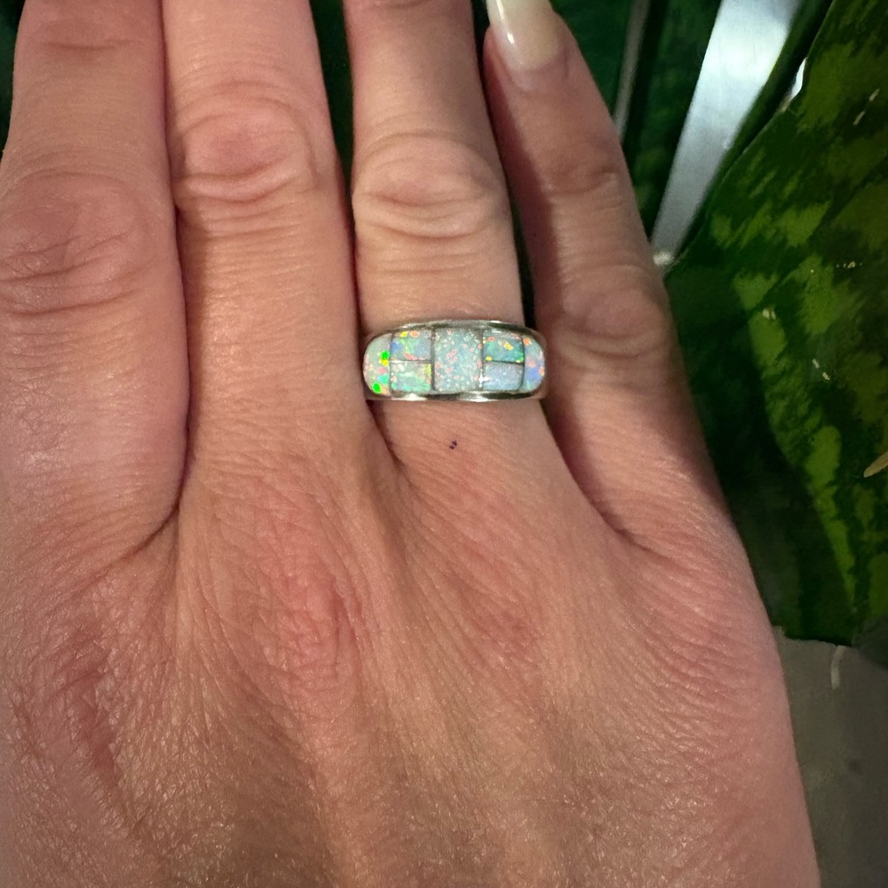 Sterling Silver Opal Inlay Band Ring Size 6.5